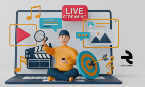 Graphic design with bold 'LIVE STREAMING' text and the 'Rtists Studio' logo,