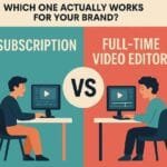 Illustration comparing a subscription video editor and a full-time video editor.