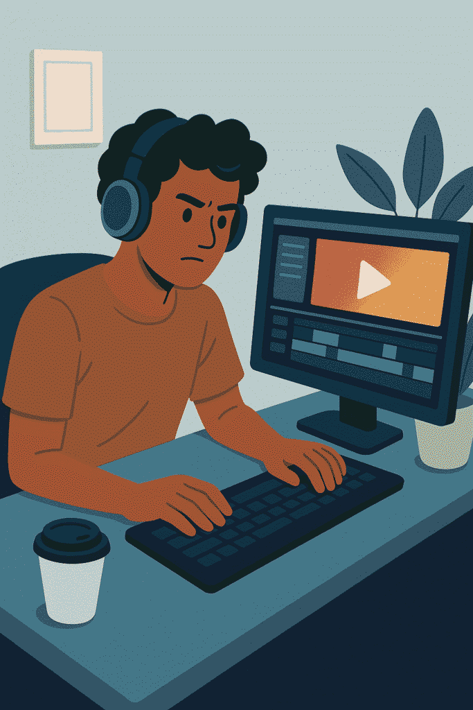Illustration of a focused video editor wearing headphones, working on a desktop computer with editing software open on the screen.