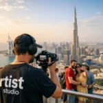 A man captures a photo of the city view from a building's rooftop during a video shoot