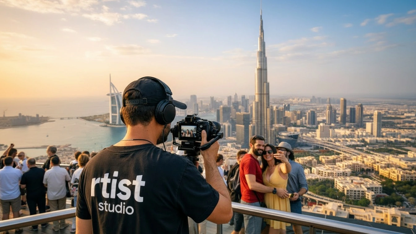 A man captures a photo of the city view from a building's rooftop during a video shoot