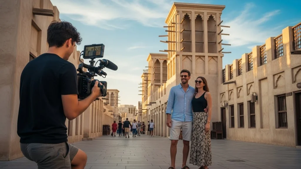 A man and woman are in front of a building, showcasing the video production scene in Dubai.