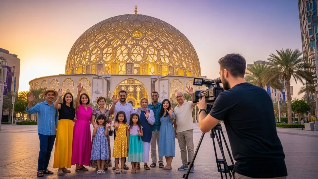 A family poses for a photo in front of a large dome, capturing a moment during their video production in Dubai.