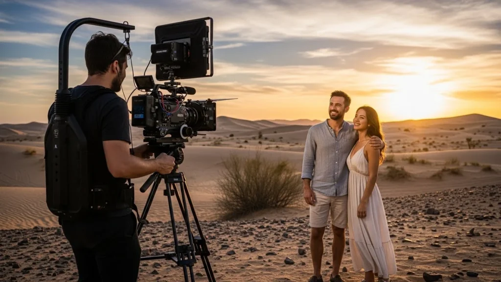 A man and woman stand in the desert, holding a camera, representing video production in Dubai.