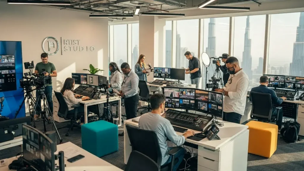 Team members working in an office, focused on multiple screens and computers, discussing video production in Dubai.