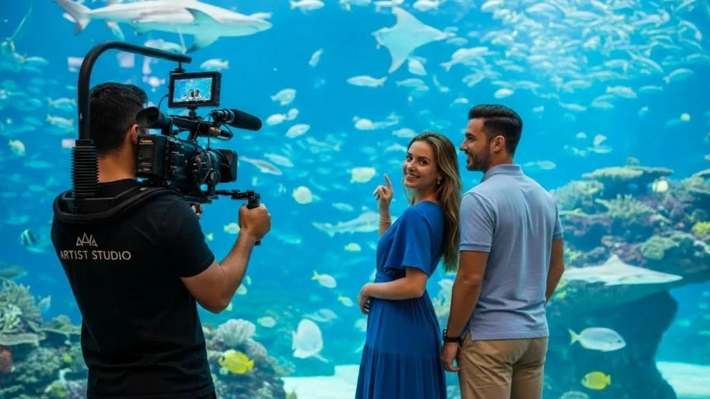 A man and woman engaged in video production in Dubai, filming in front of a colorful aquarium filled with fish.