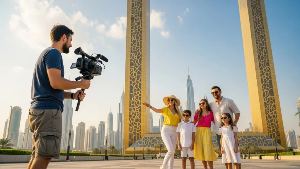 A family poses for a photo with a camera in front of the Dubai Tower, showcasing a moment of joy during their visit.