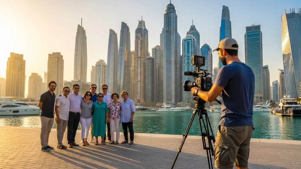 A group of people poses in front of a camera during a video production session in Dubai.