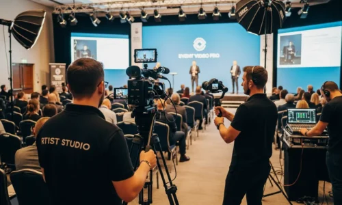 A man in a black shirt films a conference, showcasing the event for Rtist Studio, a video production company in Dubai