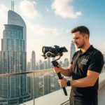 A man stands on a balcony with a camera, overlooking the city, showcasing his work as a Dubai real estate videographer.