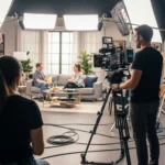 Team of professionals working together in a video studio, equipped with cameras and lighting, in Dubai.