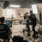 Team members working together in a Dubai studio for video production.