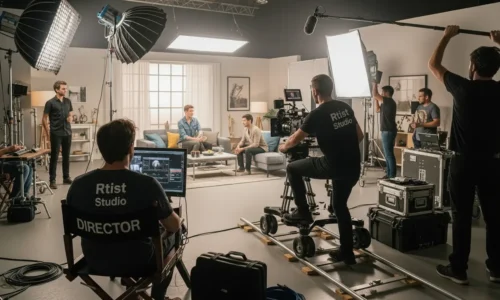 Team members working together in a Dubai studio for video production.