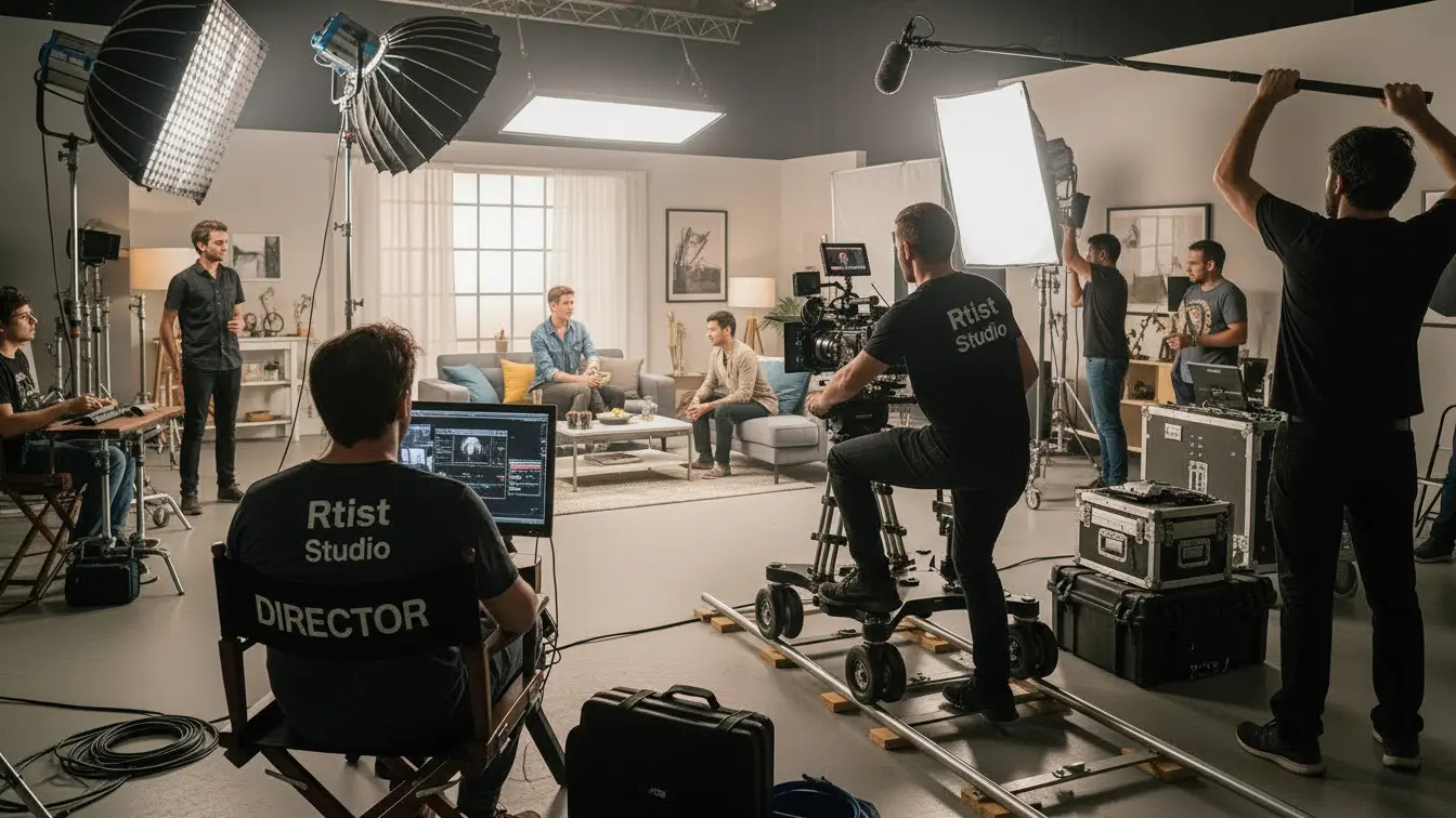 Team members working together in a Dubai studio for video production.