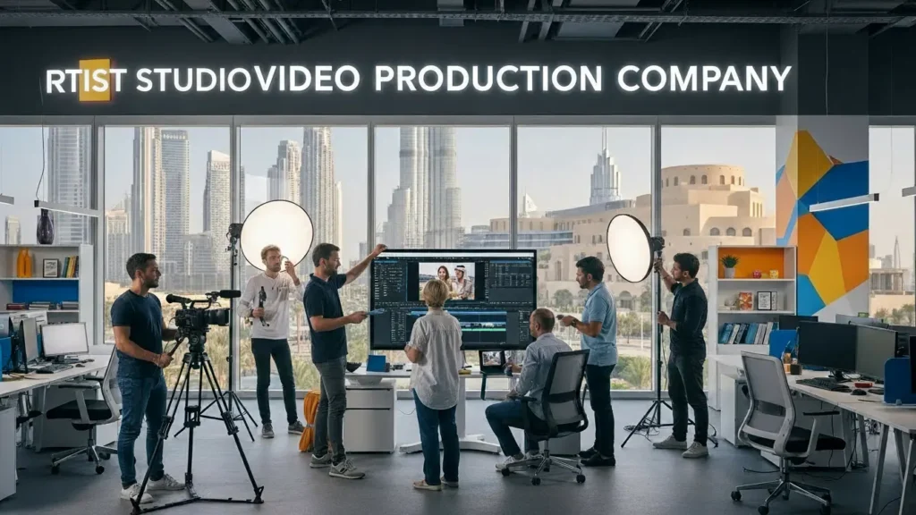 A team of people standing near a video camera, working on a video production project in Dubai.