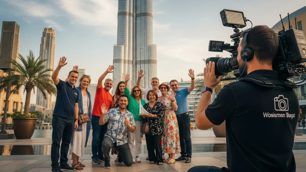People smiling and taking a photo in front of the Burj Khalifa, part of a video production project in Dubai.