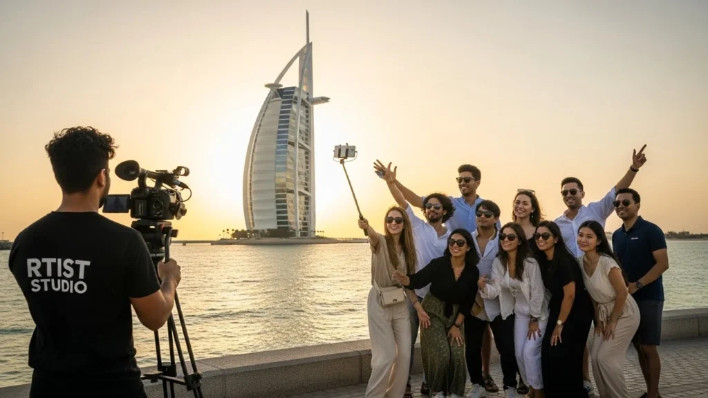 A group of people posing for a photo in front of the Burj Al Arab during a video production in Dubai