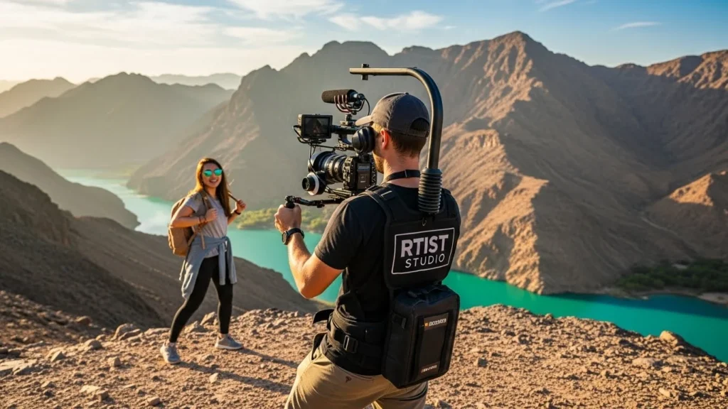 A man filming a woman on a mountain top, capturing the scenic view during a video production in Hatta