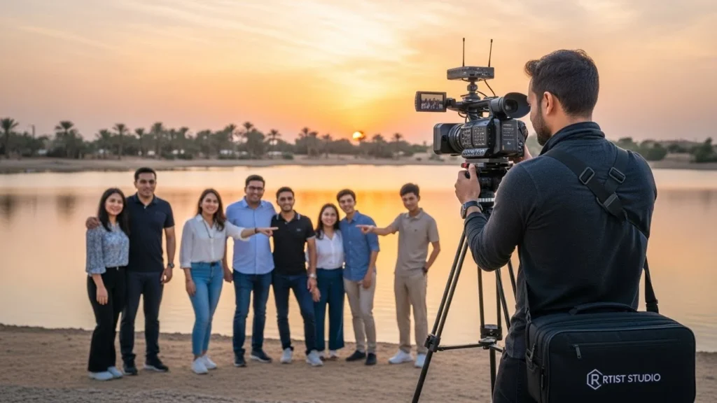 A group of people gathered by a lake in Dubai, preparing for a video shoot with a camera.