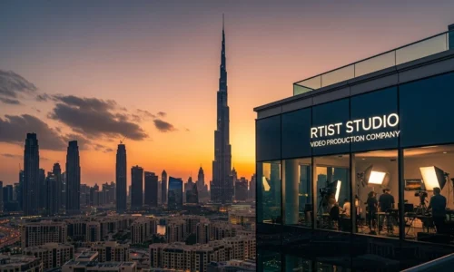The Dubai skyline at dusk, featuring illuminated skyscrapers, symbolizing the artistic vision of Rtist Studio in video production.