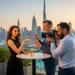 A professional photographer and a woman capture images with a camera on a rooftop, enjoying the city view.
