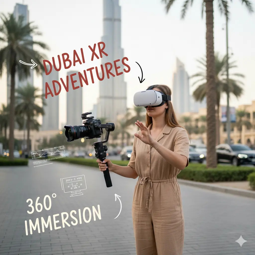 A woman holding a camera and wearing a headset, featuring "Dubai XR Adventures" in a video production context.