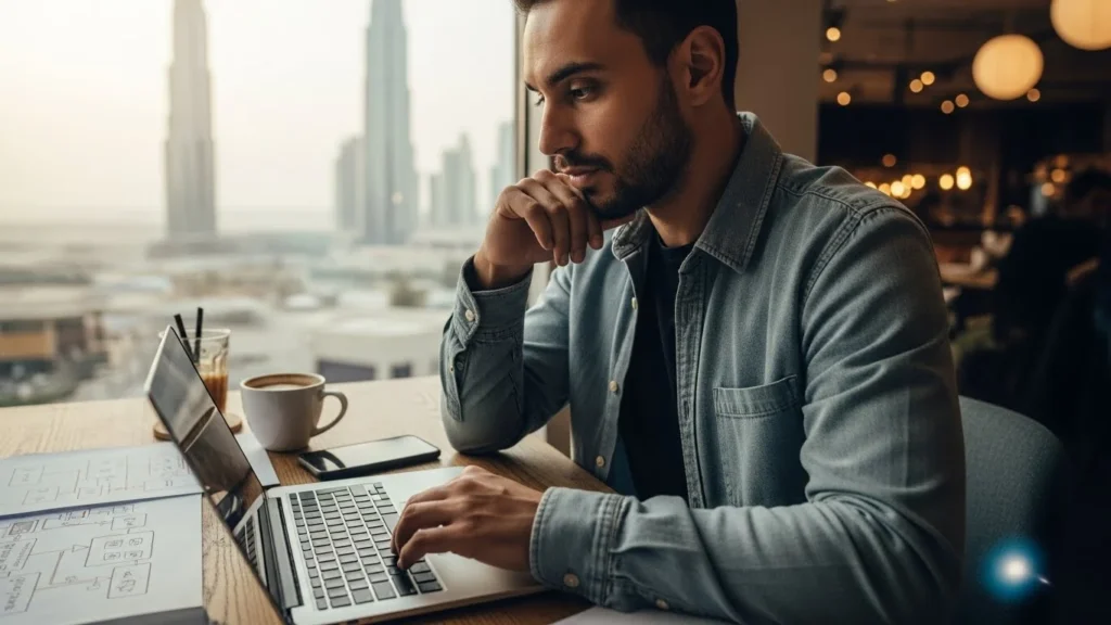 A man sits in a cafe, using a laptop with a city view, engaged in video production work.