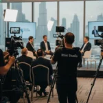 A group of people gathered in front of a large screen during an event, captured by a videographer.