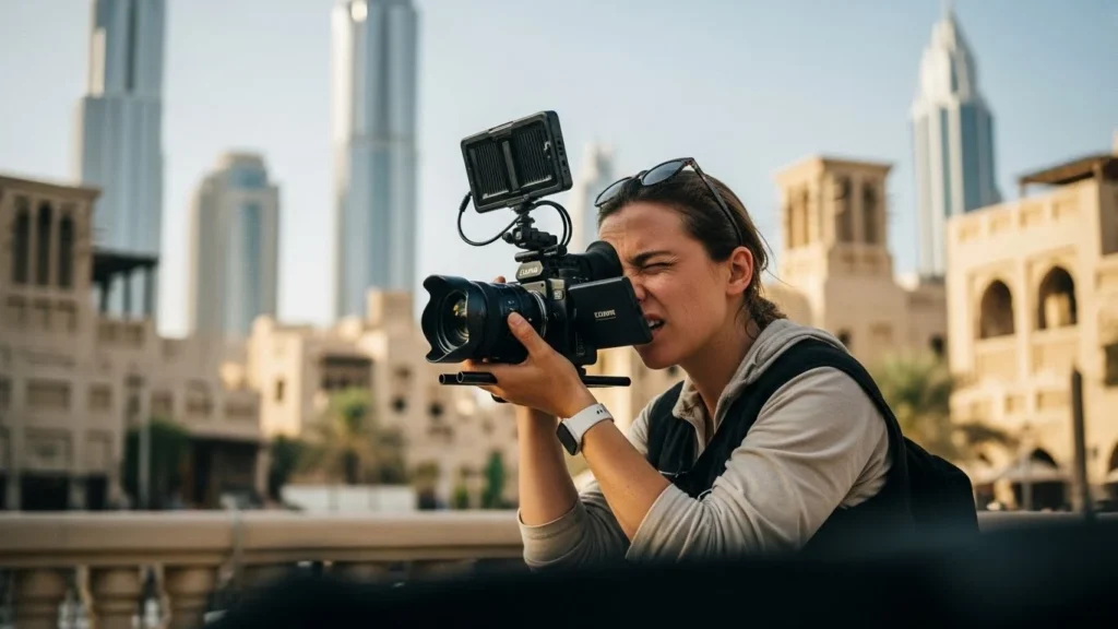 A woman photographing a cityscape with a camera, showcasing her interest in video production.