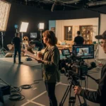 A group of people in a video production studio, standing in front of a green screen backdrop.