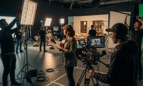 A group of people in a video production studio, standing in front of a green screen backdrop.