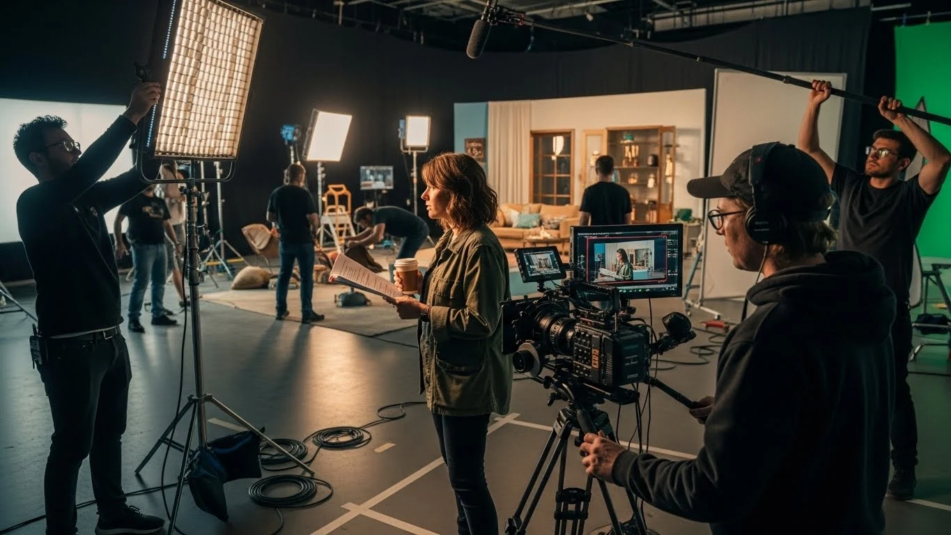 A group of people in a video production studio, standing in front of a green screen backdrop.