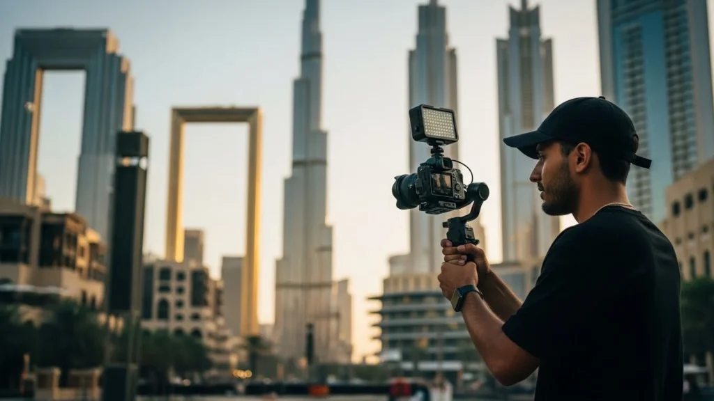 A man with a camera stands in front of a tall building, showcasing his role in video production.