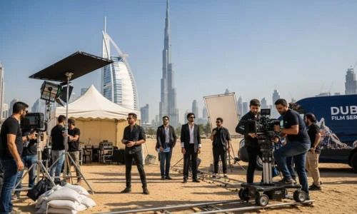 A group of people in the desert with a camera crew, engaged in film production services.