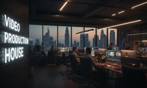 A video production house office with people working at desks and a large screen displaying project content.