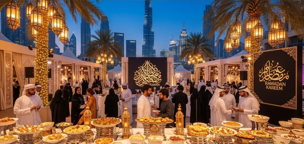 High-end Ramadan Event Production in Dubai showcasing an outdoor Iftar event with Arabic décor, buffet dining, palm trees, lantern lighting, and guests celebrating Ramadan together.