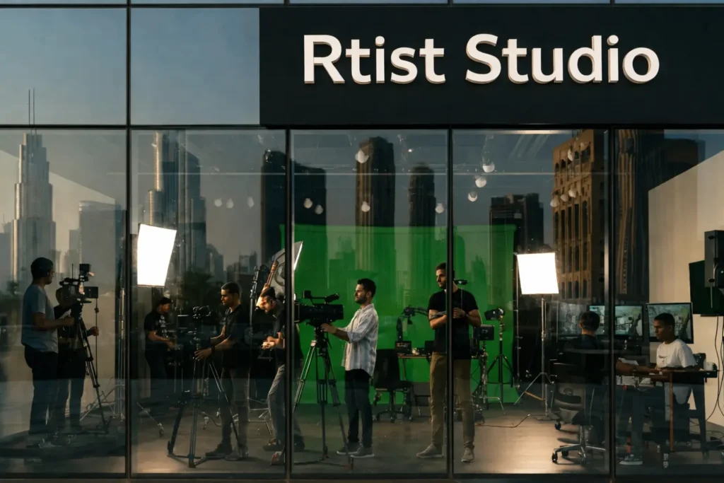 A group of people stands in front of a building labeled "Ritist Studio," a video production house.