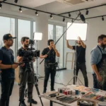 A professional video production crew gathers around a painting, discussing its details and capturing the moment on camera.