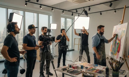 A professional video production crew gathers around a painting, discussing its details and capturing the moment on camera.