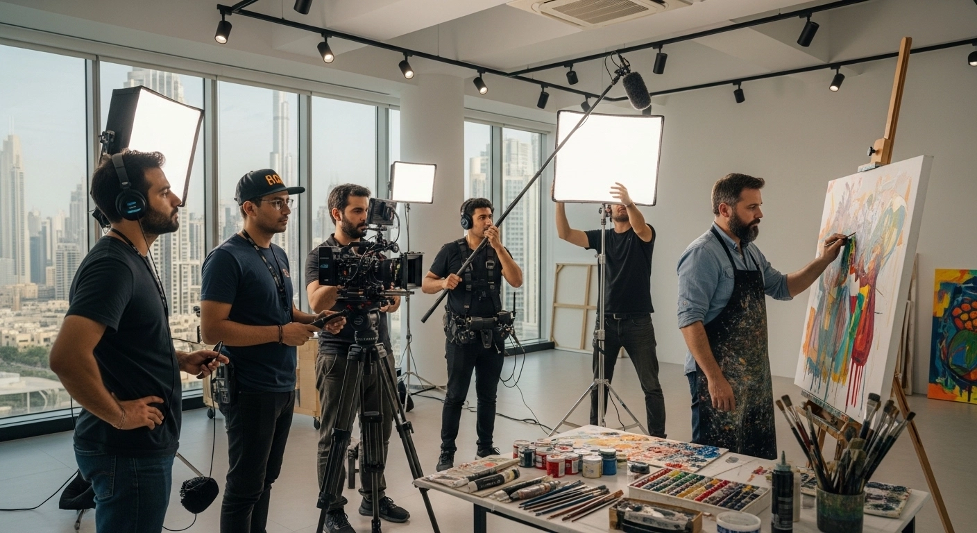 A professional video production crew gathers around a painting, discussing its details and capturing the moment on camera.