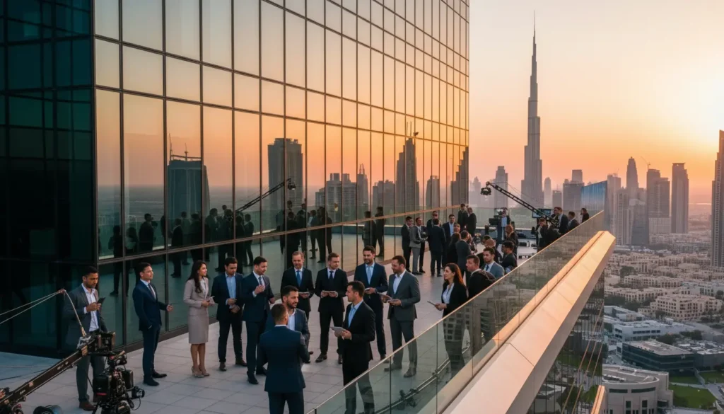 A group of professionals stands on a balcony, enjoying a panoramic view of the city skyline during a corporate event.