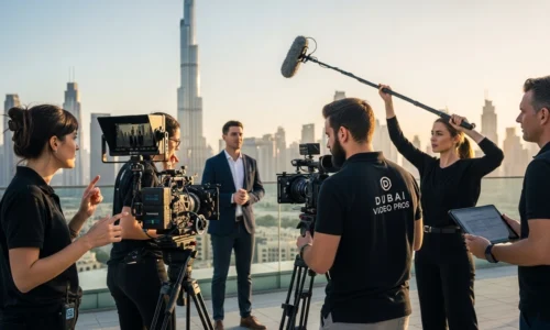 A team of people standing together with cameras, focused on producing corporate promotional videos.