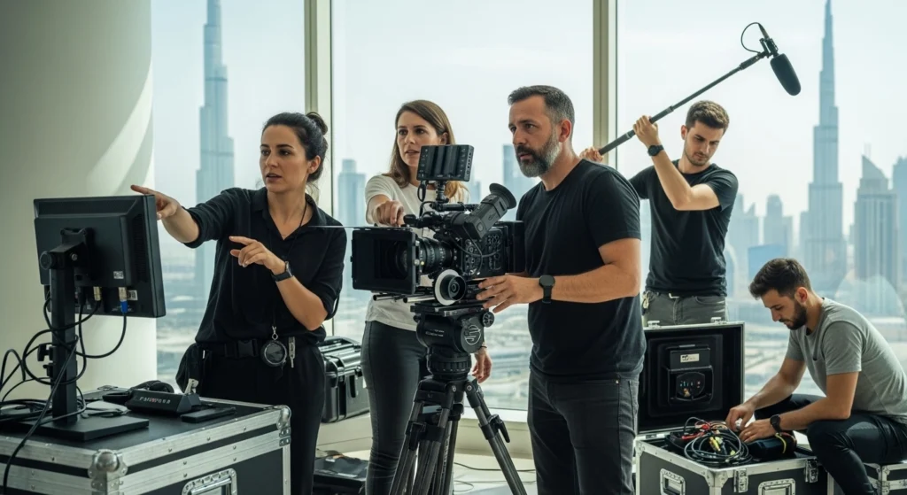 A professional video production crew collaborates on set, adjusting equipment and discussing shots for a project.