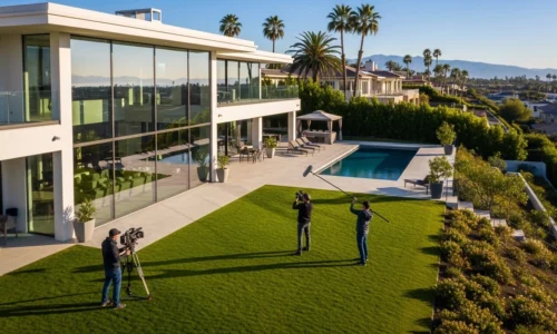 A man stands with a camera in front of a house, promoting corporate video production for real estate.