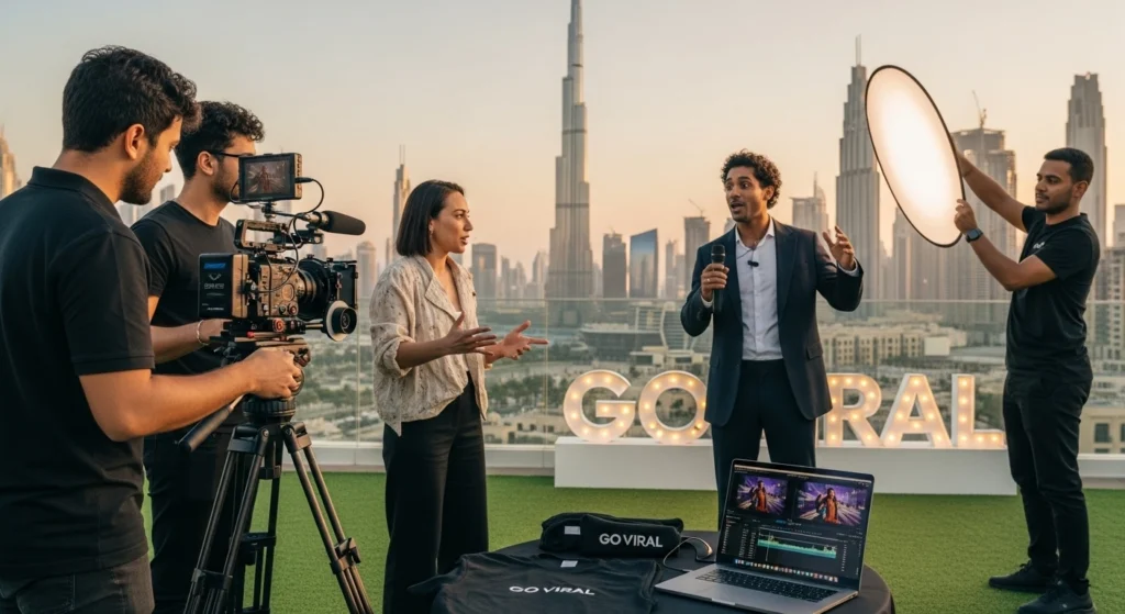 A team of people surrounding a camera with a light, focused on video production tasks.