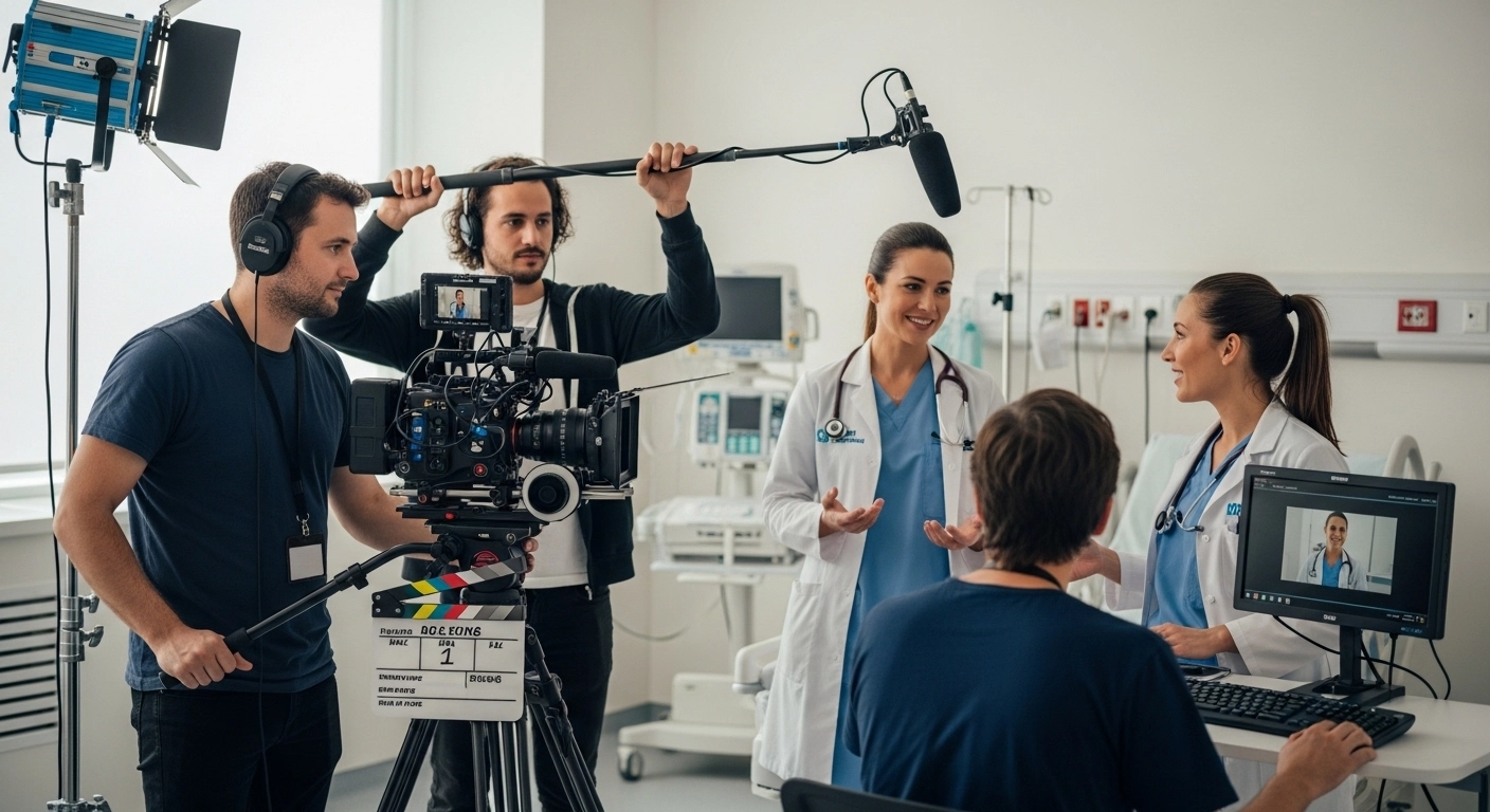 A group of people in a hospital room filming a video, highlighting healthcare production in Dubai.