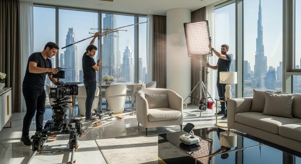 Three men filming a real estate video in a living room with a city view, showcasing a Dubai production company.