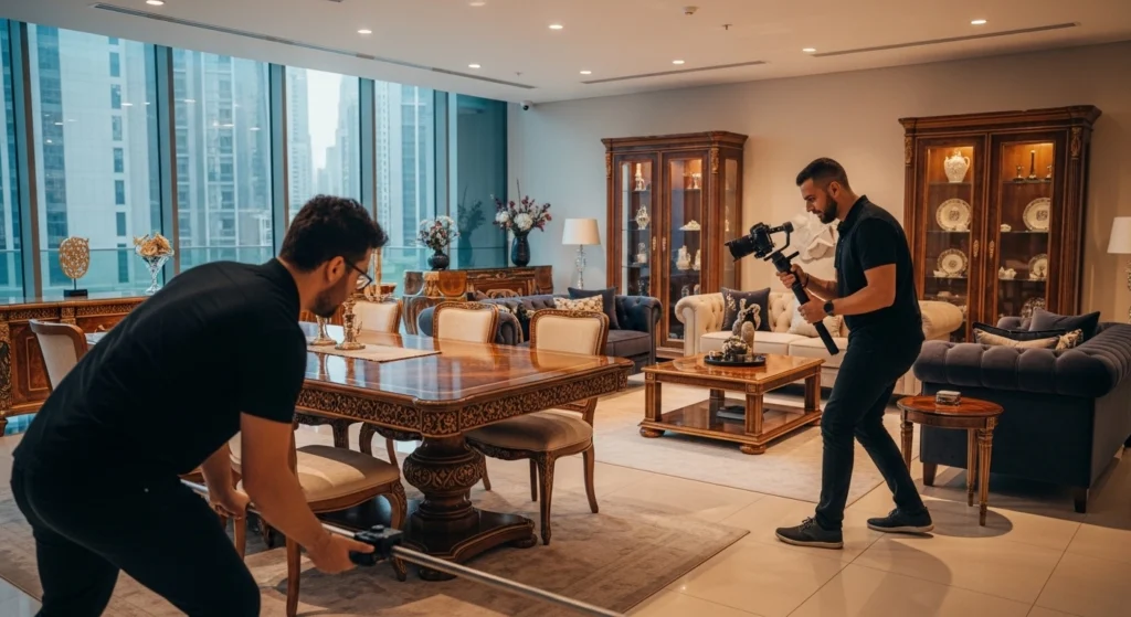 Two men are tidying a living room, adjusting furniture, as a videographer documents their cleaning efforts.