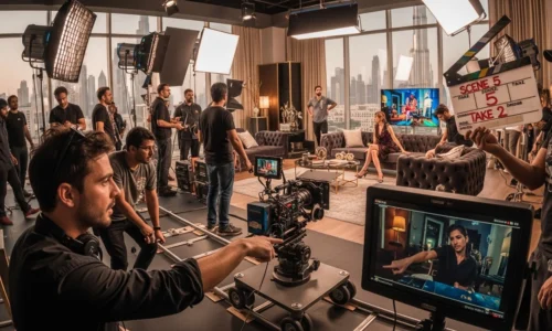 Team members in a room with a television and camera, engaged in the TV commercial production process in Dubai.