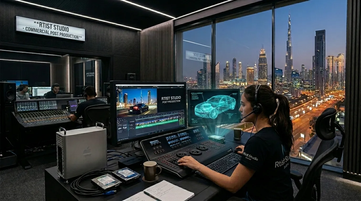 A woman seated at a desk with a computer, enjoying a city view from her post-production studio workspace.